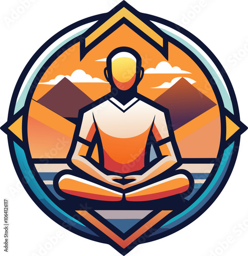 Meditation logo design featuring a serene figure in a tranquil setting with mountains, perfect for wellness and mindfulness themes