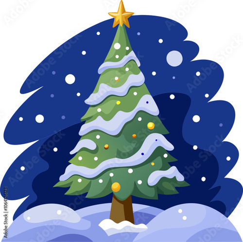 A decorated Christmas tree stands proudly in a snowy landscape under a starry night sky, celebrating the festive spirit of winter