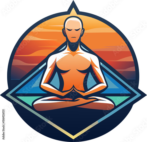 A serene meditation logo featuring a figure in lotus pose against a tranquil sunset backdrop with vibrant colors reflecting inner peace