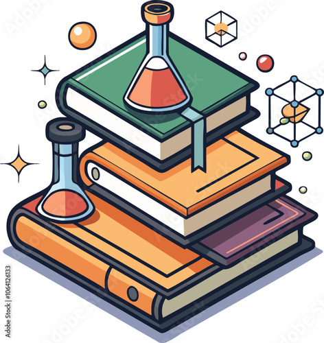 A collection of colorful science schoolbooks with laboratory flasks resting atop them in a vibrant and educational setting