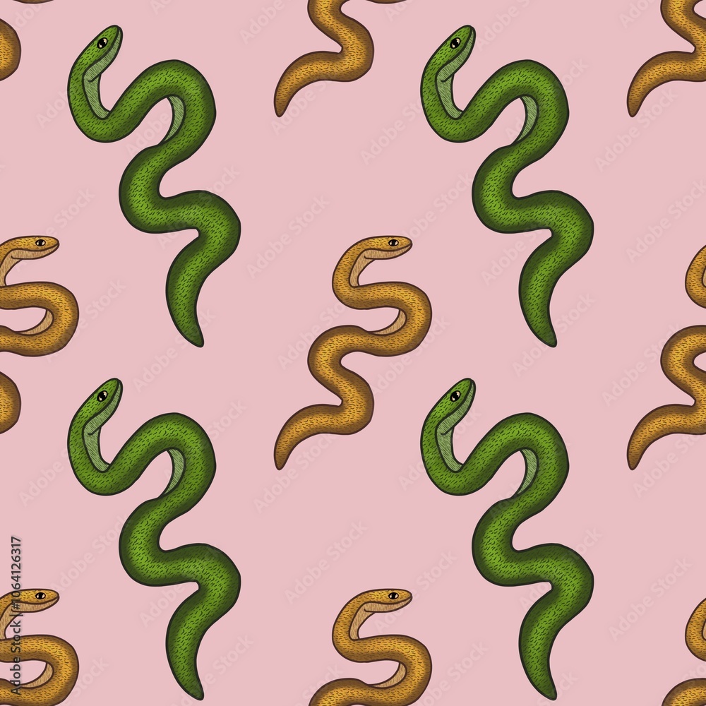 Green and Orange Snakes with Pink Background Seamless Pattern Design Green and Orange Snakes with Pink Background Seamless Pattern Design