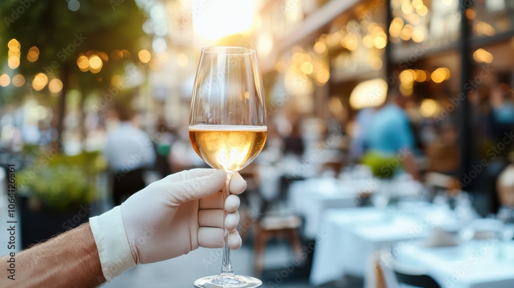A person wearing a glove holds a wine glass against the backdrop of a sunlit outdoor cafe, with diners and blurred lights creating a warm, inviting atmosphere. A person wearing a glove holds a wine glass against the backdrop of a sunlit outdoor cafe, with diners and blurred lights creating a warm, inviting atmosphere.
