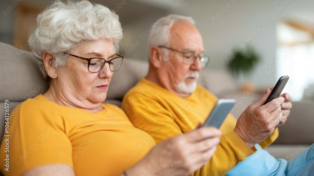 An elderly couple, sitting together on a sofa, intently using their smartphones while wearing matching yellow clothes. A snapshot of modern digital engagement. An elderly couple, sitting together on a sofa, intently using their smartphones while wearing matching yellow clothes. A snapshot of modern digital engagement.