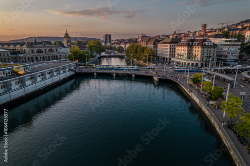 Beautiful aerial view of the city of Zurich in Switzerland - the Limmat River and its iconic churches, buildings rivers and Clockes. photo