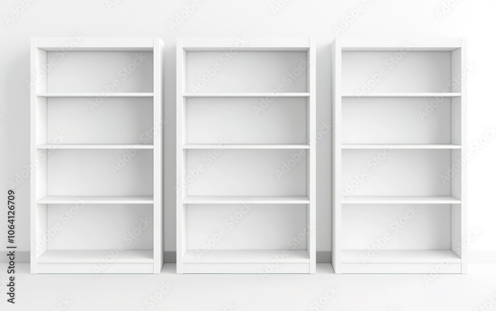 White bookshelves arranged in a row against a plain wall, creating a minimalist look for contemporary interiors White bookshelves arranged in a row against a plain wall, creating a minimalist look for contemporary interiors