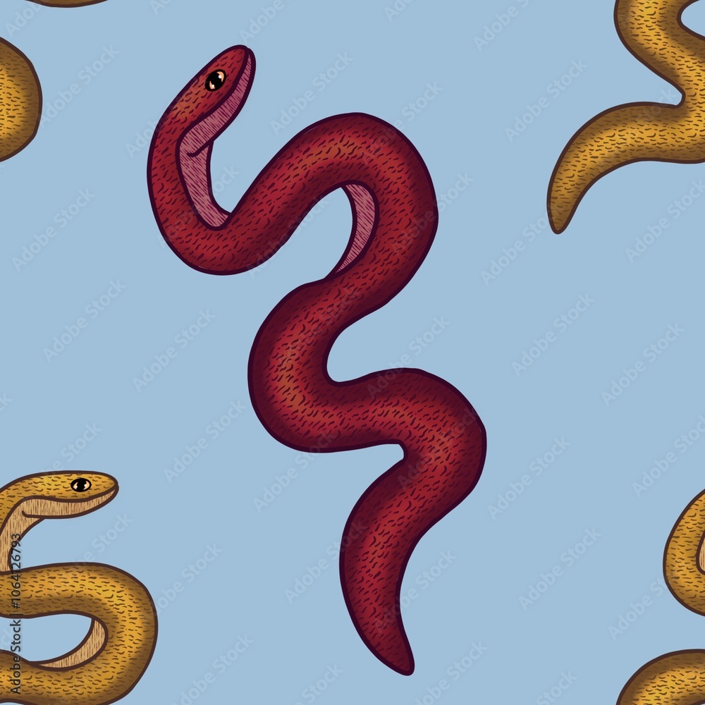 Naklejka premium Big Red and Yellow Snake with Blue Background Seamless Pattern Design