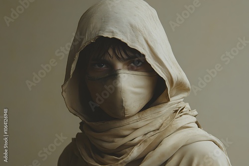 Portrait of a young boy in a hood and mask photo