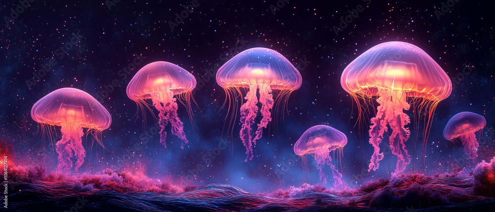 Illustration vectorielle de méduse bioluminescente dans les profondeurs marines Illustration vectorielle de méduse bioluminescente dans les profondeurs marines