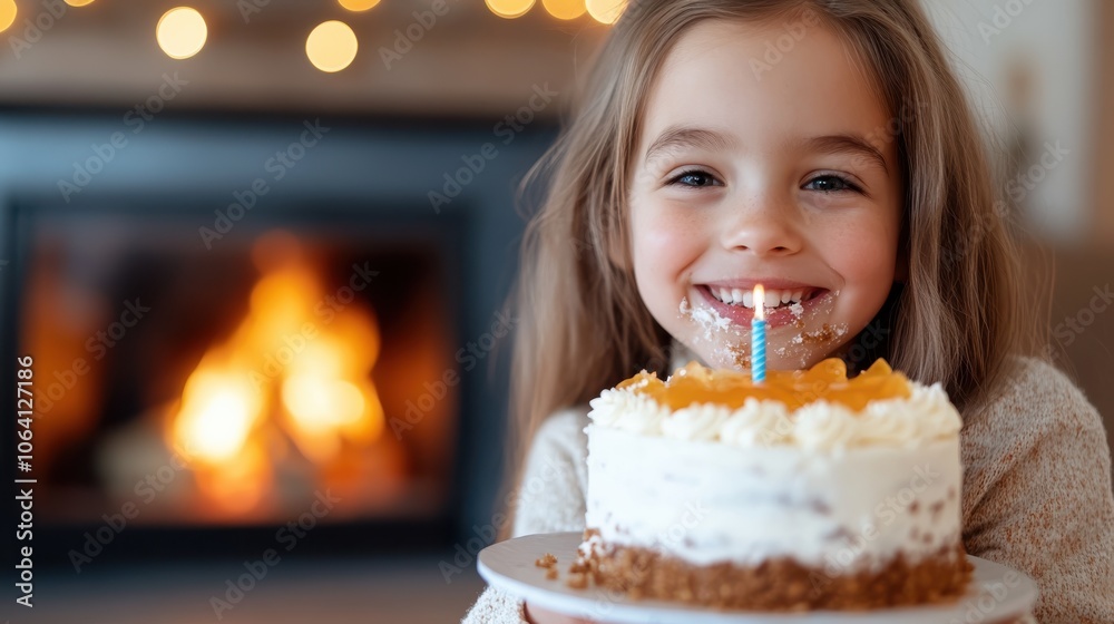 A young girl with a joyful expression holds a cake with a single lit candle, with a warm fireplace in the background, conveying a cozy celebration atmosphere. A young girl with a joyful expression holds a cake with a single lit candle, with a warm fireplace in the background, conveying a cozy celebration atmosphere.