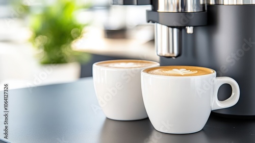 Two white ceramic mugs filled with frothy cappuccino topped with intricate latte art, placed on a dark counter beside a sleek and modern coffee machine. photo