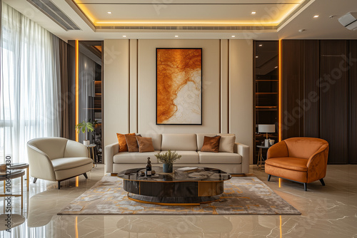 Elegant and Natural Modern Living Room: Luxurious Interior Photography Showcasing Contemporary Design with Organic Accents