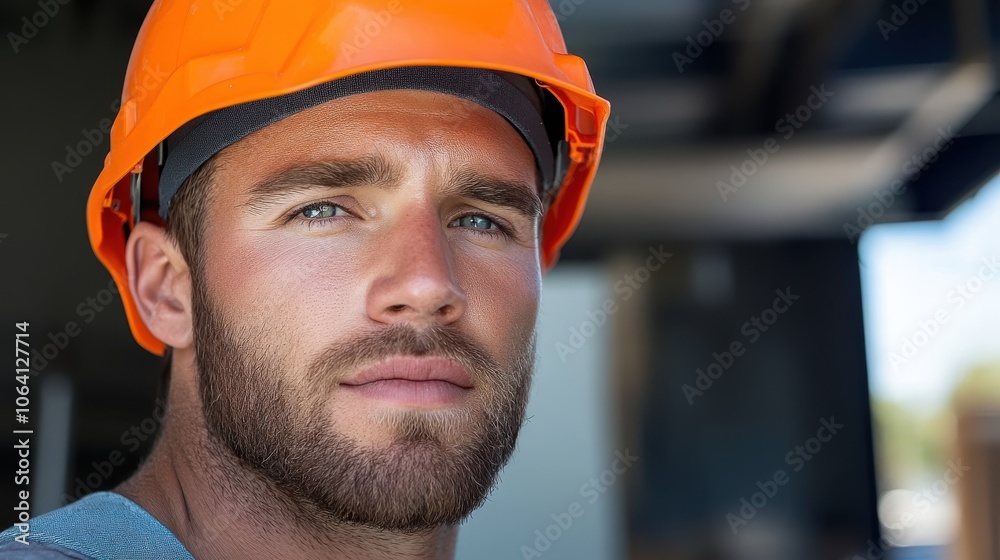 A focused portrait of a man with a beard wearing an orange construction helmet, representing concentration and dedication to work. A focused portrait of a man with a beard wearing an orange construction helmet, representing concentration and dedication to work.