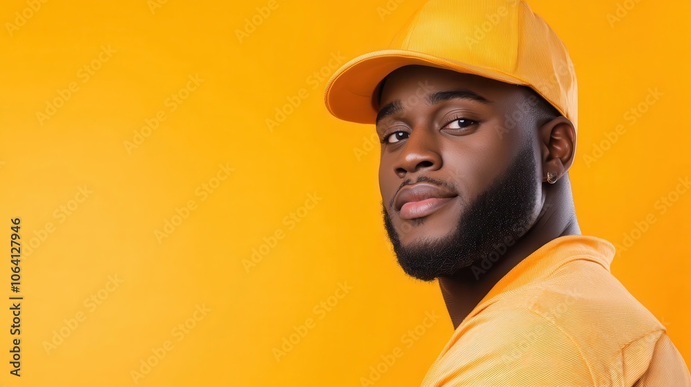 This side view image depicts a man with a well-groomed beard and an orange cap against a vivid yellow backdrop, looking thoughtful and at ease. This side view image depicts a man with a well-groomed beard and an orange cap against a vivid yellow backdrop, looking thoughtful and at ease.