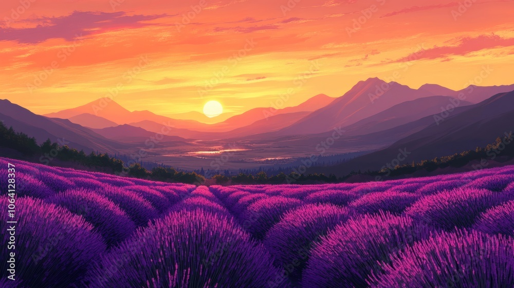 A vibrant sunset illuminates a field of lavender in the foreground, with a valley and mountains in the background. A vibrant sunset illuminates a field of lavender in the foreground, with a valley and mountains in the background.