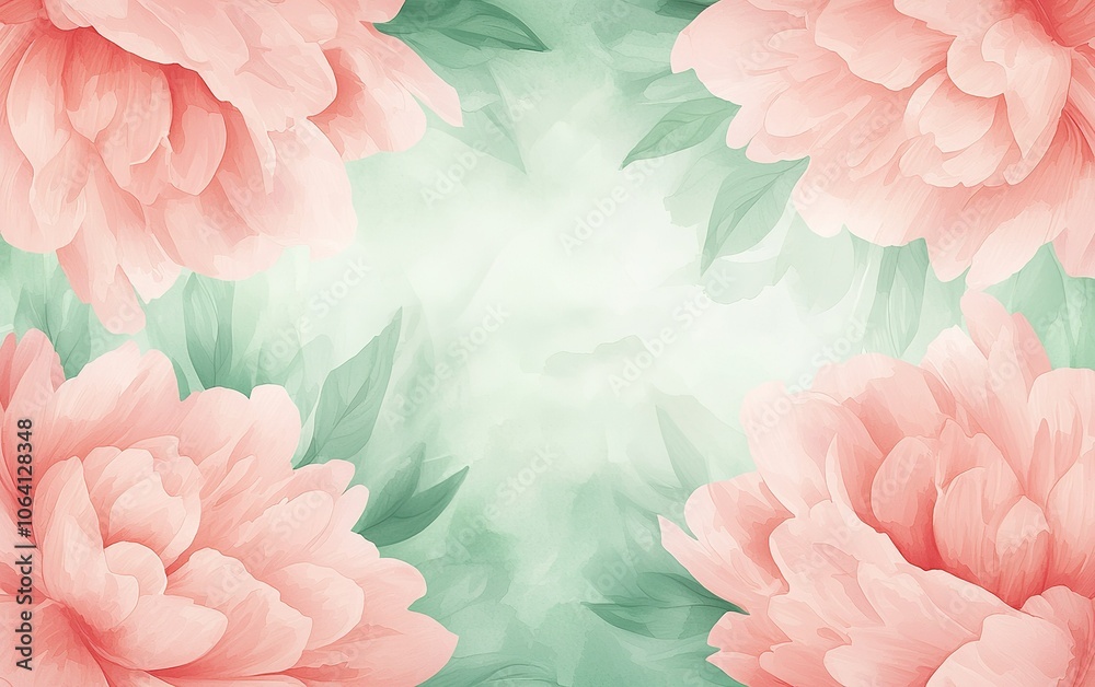 Soft pastel pink peonies frame a gentle aqua background, creating a tranquil and inviting atmosphere for floral design Soft pastel pink peonies frame a gentle aqua background, creating a tranquil and inviting atmosphere for floral design