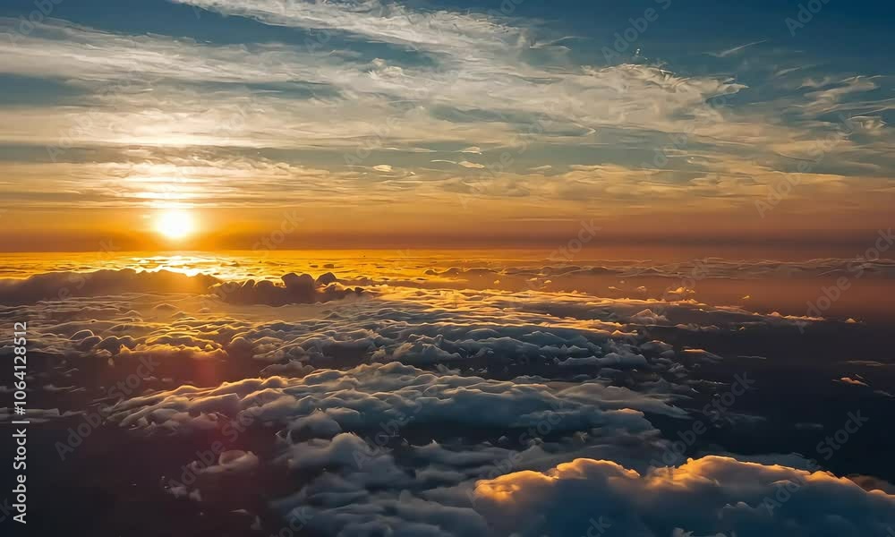 Morning sun comes out from behind the clouds. Epic sunrise over the clouds. Aerial shot of great sunrise clouds Morning sun comes out from behind the clouds. Epic sunrise over the clouds. Aerial shot of great sunrise clouds