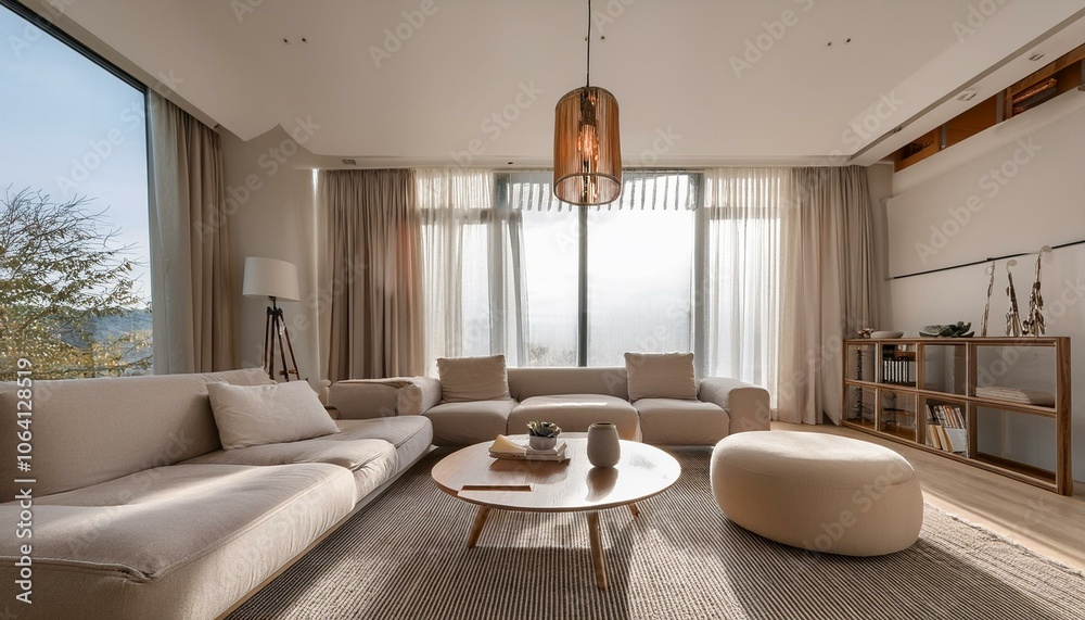 A modern living room featuring minimalist design with a large window, contemporary furniture, and a unique floor lamp. Neutral tones create a serene atmosphere. 3D Rendering A modern living room featuring minimalist design with a large window, contemporary furniture, and a unique floor lamp. Neutral tones create a serene atmosphere. 3D Rendering