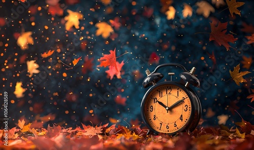 Wallpaper Mural Autumn leaves fall around a vintage clock in a serene setting under a deep blue sky during a calm afternoon Torontodigital.ca