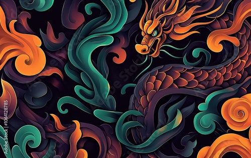 Vibrant dragon artwork in swirling colors with intricate detailing evoking a mythical atmosphere