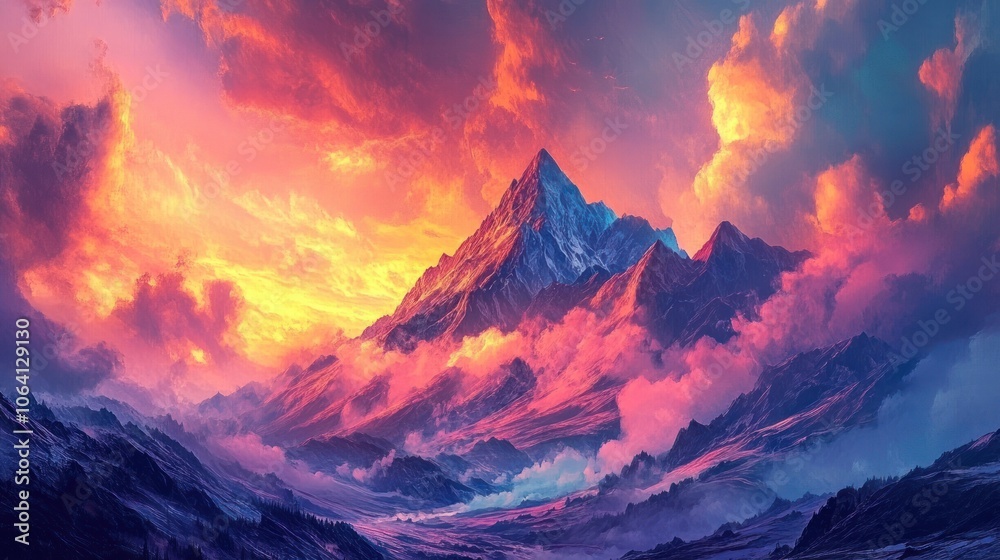A majestic mountain peak rises above the clouds, bathed in a vibrant sunset sky. The clouds are a mix of pink, orange, and purple, creating a breathtaking scene. A majestic mountain peak rises above the clouds, bathed in a vibrant sunset sky. The clouds are a mix of pink, orange, and purple, creating a breathtaking scene.