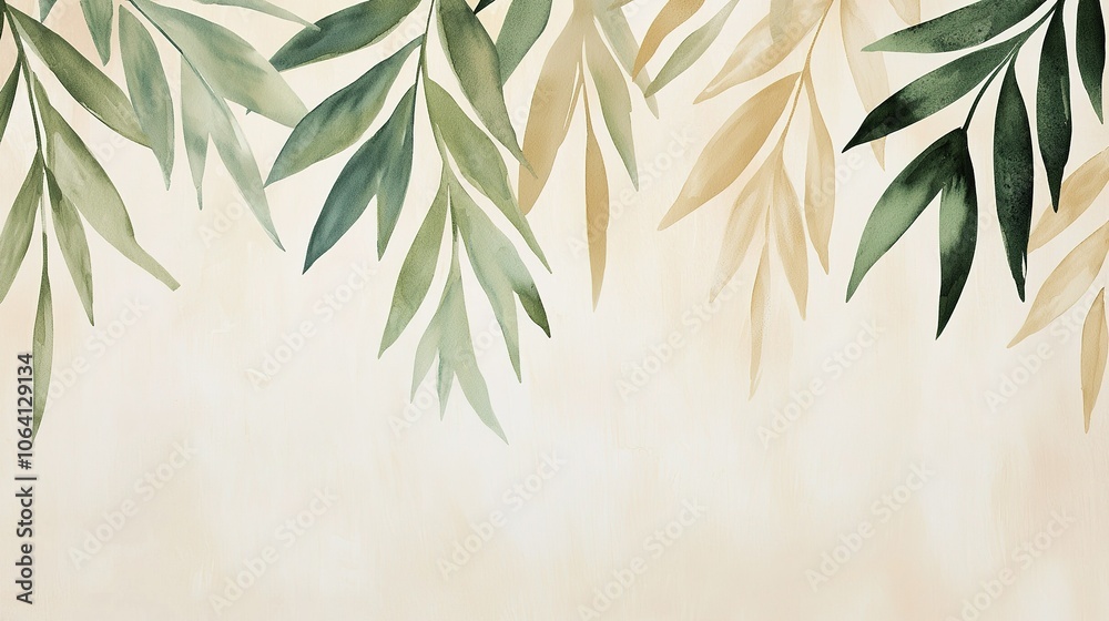 Elegant watercolor leaves in soothing shades of green and beige against a soft, neutral background for a nature-inspired aesthetic Elegant watercolor leaves in soothing shades of green and beige against a soft, neutral background for a nature-inspired aesthetic
