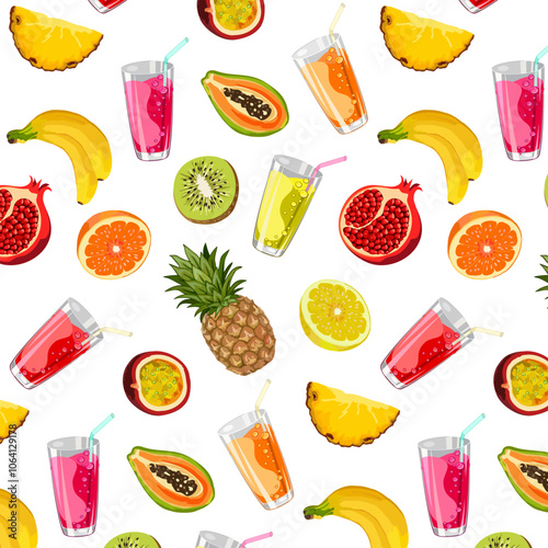 Juices and fruits in a pattern.Glasses with juices and tropical fruits on a transparent background in a vector seamless pattern.