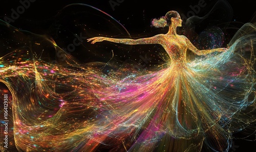 An abstract image capturing the essence of a dancer, with the movement of her dress made of flowing light particles in a spectrum of colors