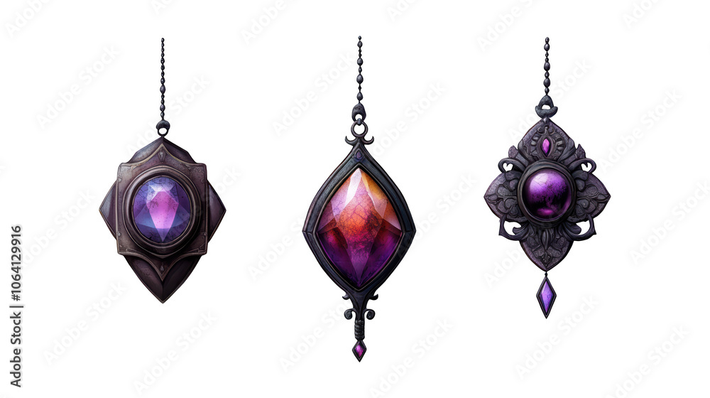 Collection of cursed amulet designs with unique shapes, dark metals, and captivating purple gemstones, isolated on transparent PNG background Collection of cursed amulet designs with unique shapes, dark metals, and captivating purple gemstones, isolated on transparent PNG background