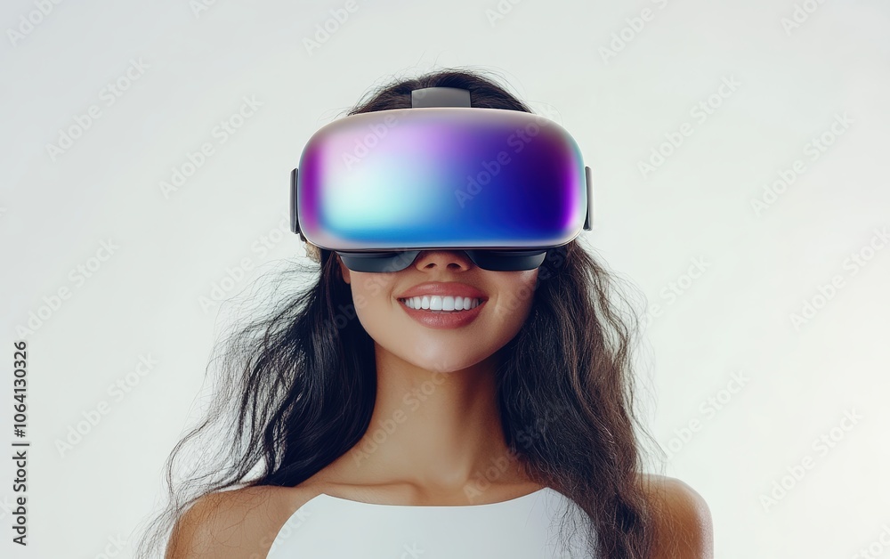 Smiling young pretty woman wearing a colored VR headset on a clean white background Smiling young pretty woman wearing a colored VR headset on a clean white background