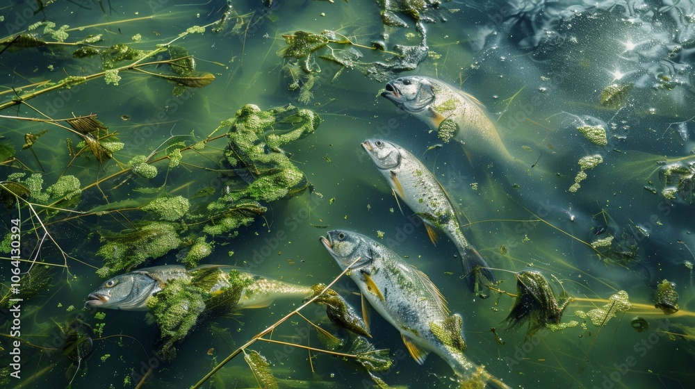 Fototapeta premium Toxic Algae Bloom Polluting Lake with Dead Fish