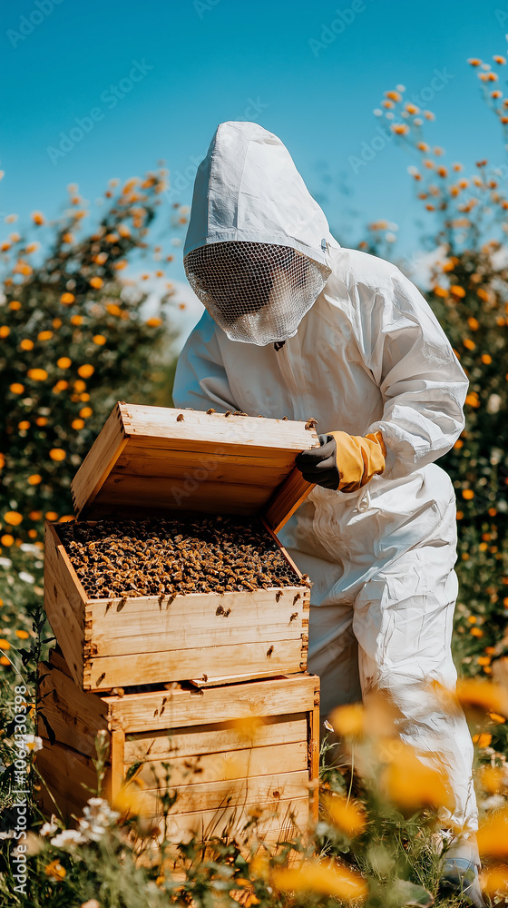 The working beekeeper collects honey. Beekeeping concept.
The working beekeeper collects honey. Beekeeping concept.