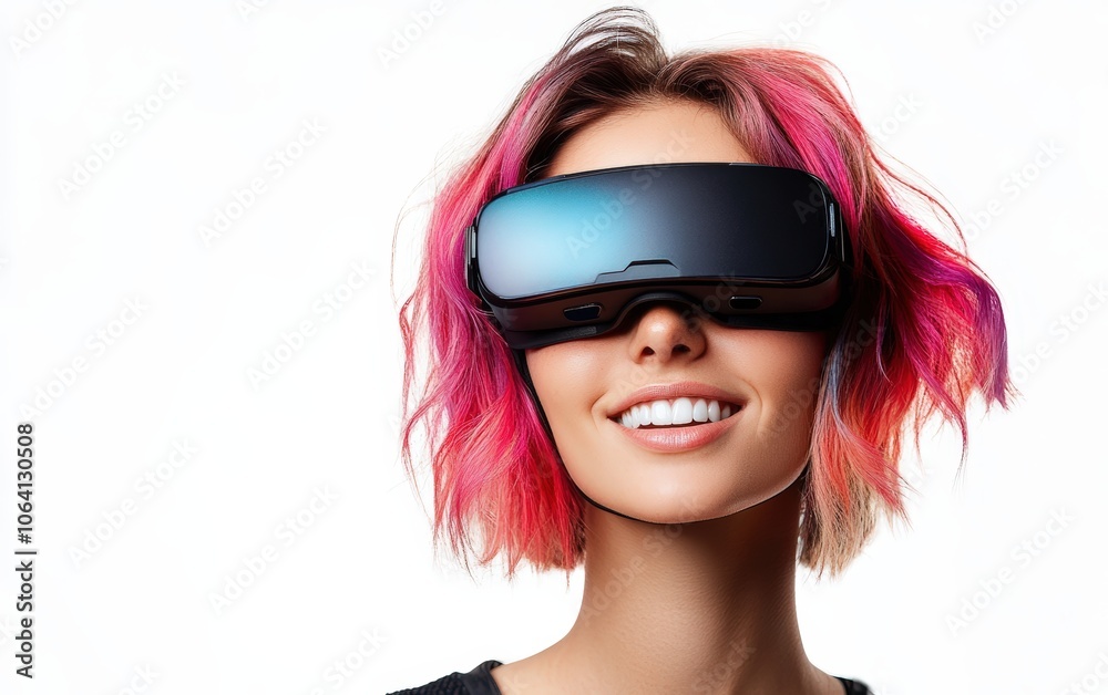 Smiling pretty woman wearing in colored VR on a clean white background Smiling pretty woman wearing in colored VR on a clean white background