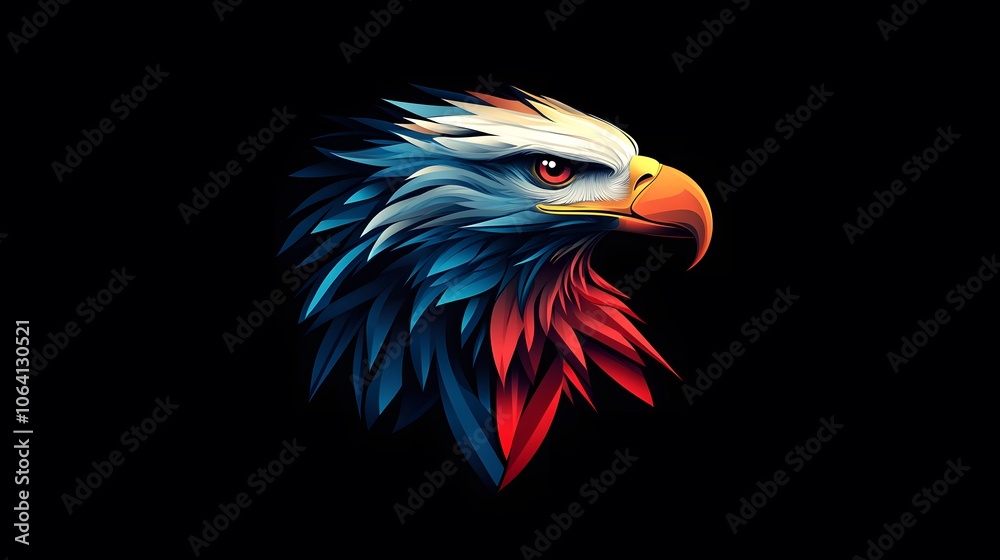 Fototapeta premium Abstract vector graphic of an eagle head with a red, white, and blue color scheme on a dark background