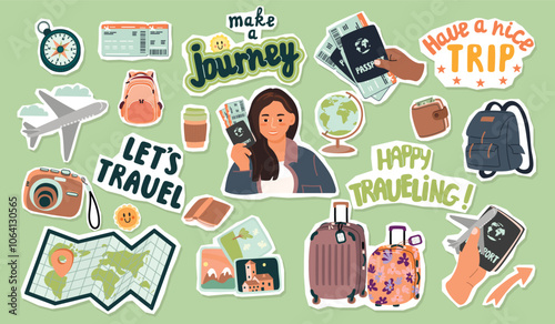Cartoon collection of travelling stickers.Woman with documents, hand with passport and tickets, backpacks, suitcases, world map and globe, camera and photos,lettering.Vector flat color designs set.