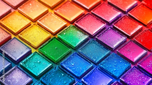 A close-up of a rainbow colored tile pattern with water droplets.