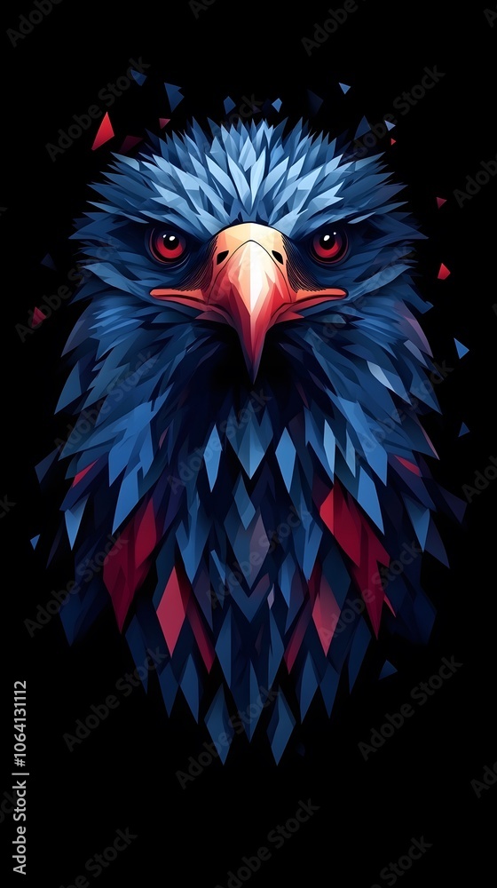 Abstract vector graphic of an eagle head with a red, white, and blue color scheme on a dark background