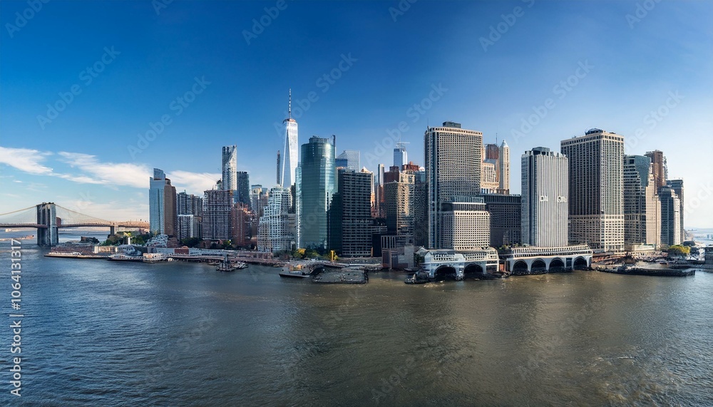Manhattan skyline featuring iconic skyscrapers and waterfront on a clear day. Manhattan skyline featuring iconic skyscrapers and waterfront on a clear day.