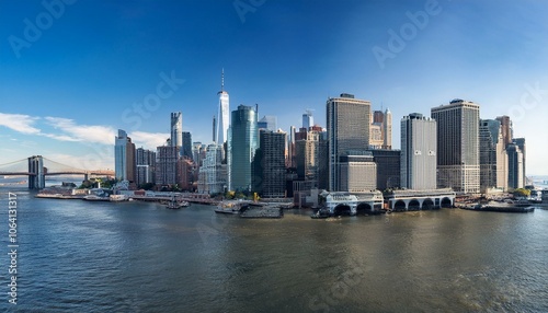 Manhattan skyline featuring iconic skyscrapers and waterfront on a clear day.