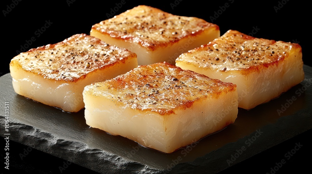 Four pieces of fried, crispy mochi squares on a slate plate. Four pieces of fried, crispy mochi squares on a slate plate.