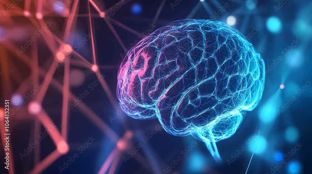 A 3D rendering of a human brain in blue and pink. A 3D rendering of a human brain in blue and pink.