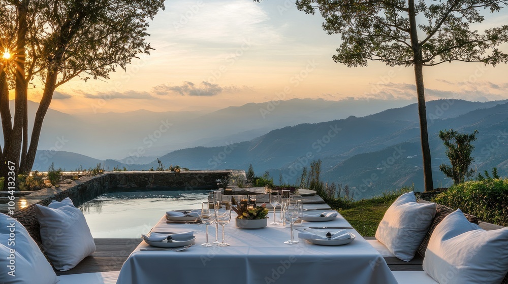 Fototapeta premium A table set for dinner with mountain views and a pool in the background.
