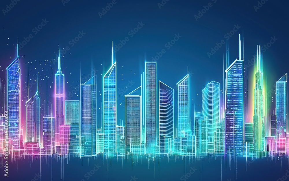 Colorful skyline with neon lights highlighting modern skyscrapers in a futuristic cityscape at night Colorful skyline with neon lights highlighting modern skyscrapers in a futuristic cityscape at night