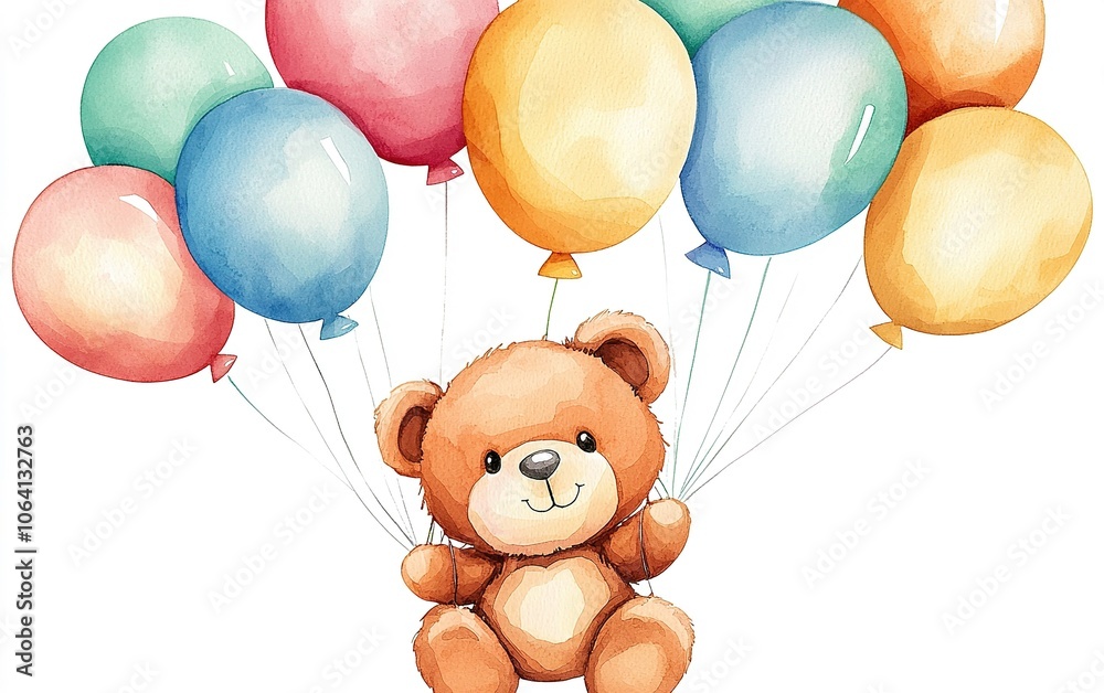A cute teddy bear flies high with colorful balloons against a soft background, evoking a whimsical atmosphere for children's celebrations A cute teddy bear flies high with colorful balloons against a soft background, evoking a whimsical atmosphere for children's celebrations