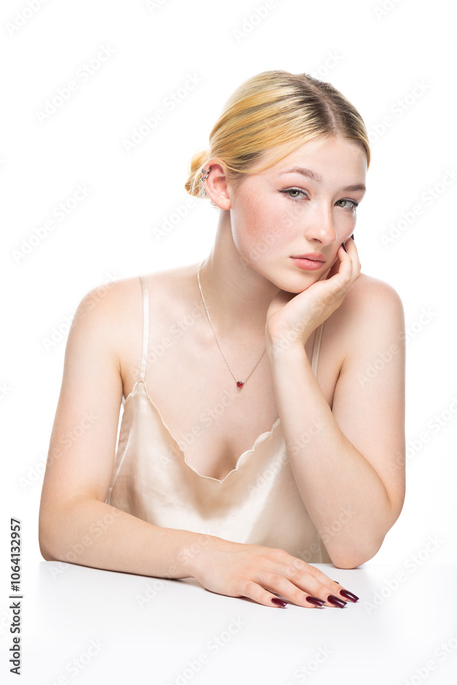 Obraz premium A young blonde girl with freckles in a golden top. Beauty portrait of a woman on a white background in the studio.