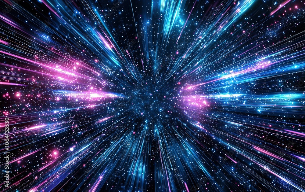 Fototapeta premium A vibrant burst of colorful light beams radiating from a central point in a cosmic space, creating a feeling of depth and motion