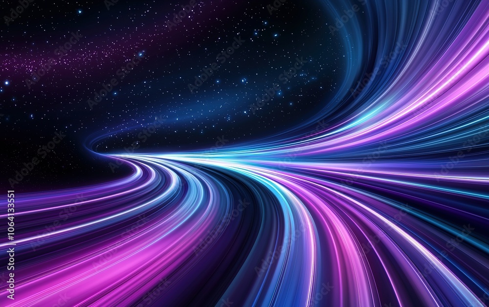Colorful light trails create a surreal pathway through a cosmic night sky filled with stars and vivid hues of blue and pink Colorful light trails create a surreal pathway through a cosmic night sky filled with stars and vivid hues of blue and pink