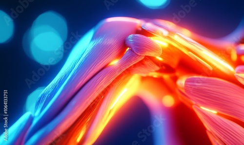 A close-up of a shoulder with an overlay of glowing muscles and tendons to demonstrate a rotator cuff injury