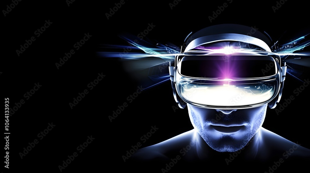 A man wearing VR goggles looks into a virtual reality world. A man wearing VR goggles looks into a virtual reality world.
