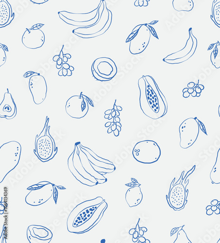 Seamless pattern of hand-drawn fruits. Line art. Vector illustration. Ink.