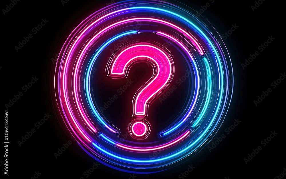 Naklejka premium Bright neon question mark in a circular design illuminated against a dark background